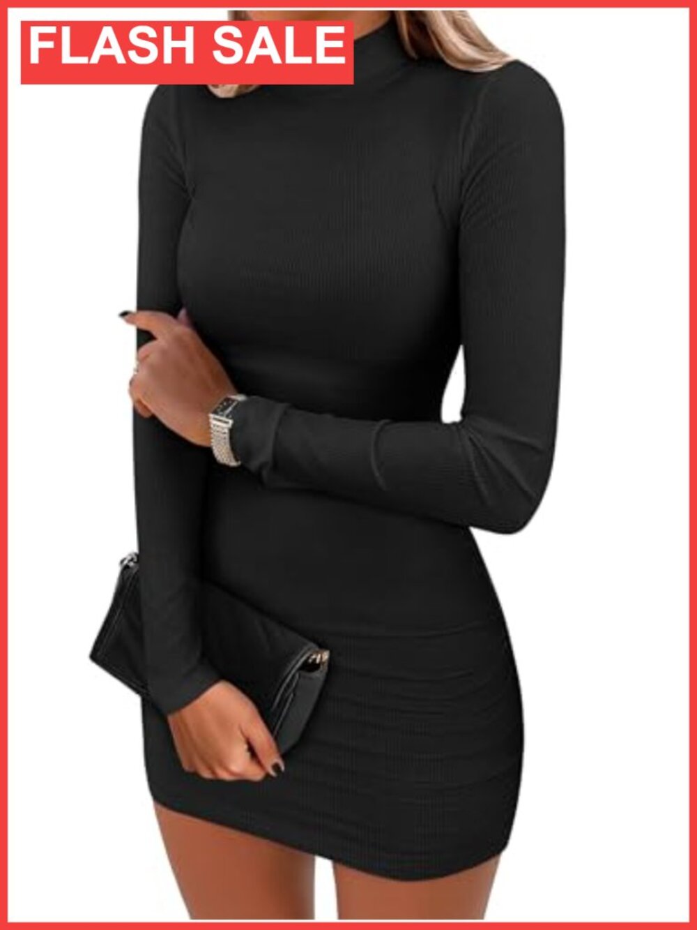 Mock Neck Ribbed Knit Mini Pencil Dress Long Sleeve Slim Fit